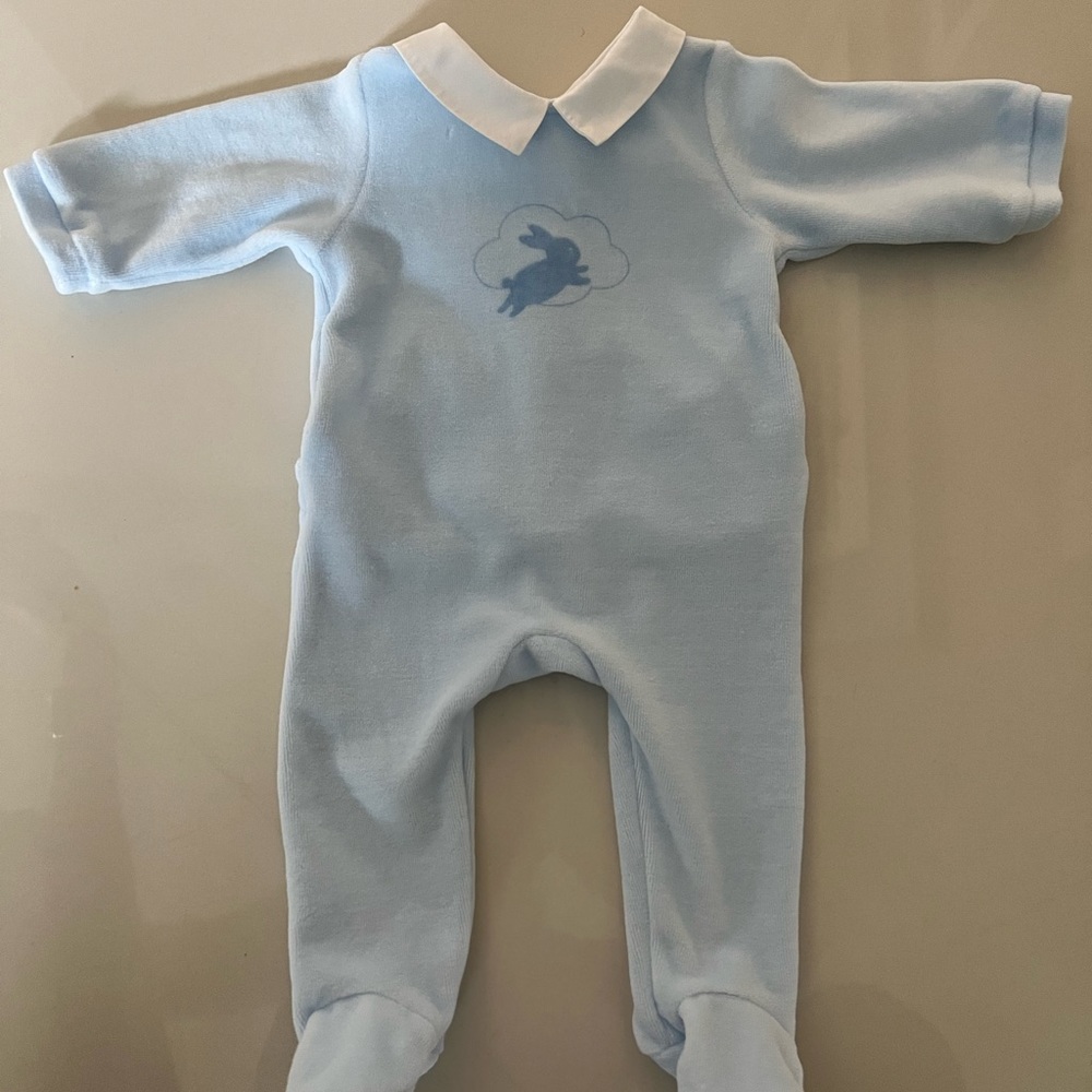 Jacadi Baby Blue Velour Babygrow Size 1 Month Worn just Once, in great condition
